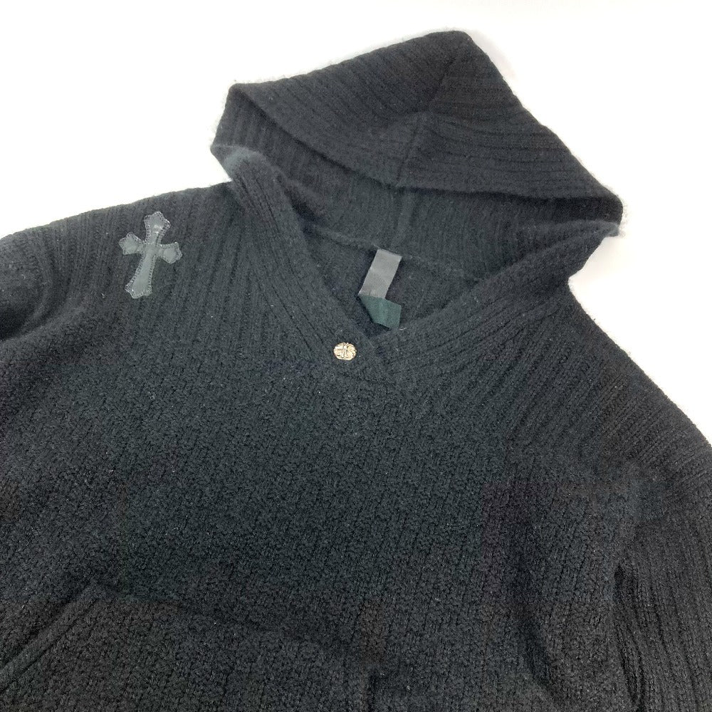 CHROME HEARTS Men's Black Long Sleeve Hoodie with Cross Patch and Leather Tag, Cashmere Knit