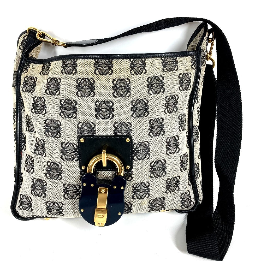 LOEWE ヴィンテージ 南京錠 ロゴ カバン 斜め掛け ショルダーバッグ レザー/キャンバス ユニセックス ブラック