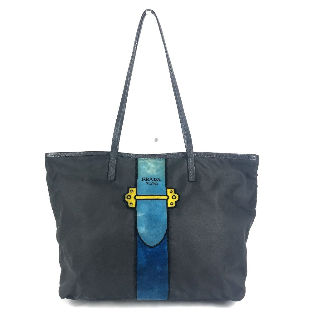 PRADA Cahier Trompe L'oeil Logo Stripe Bag Shoulder Bag Tote Bag Leather/Nylon Unisex Black