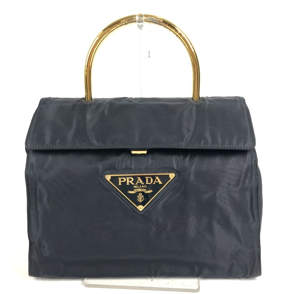 PRADA Big Logo Triangle Logo Plate Bag Metal Handle Tote Bag Flap Handbag Nylon Unisex Navy