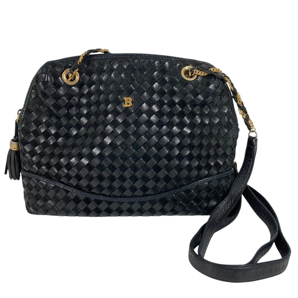 BALLY B Logo Quilted Tassel Fringe Crossbody Bag Pochette Shoulder Bag Leather Unisex Black