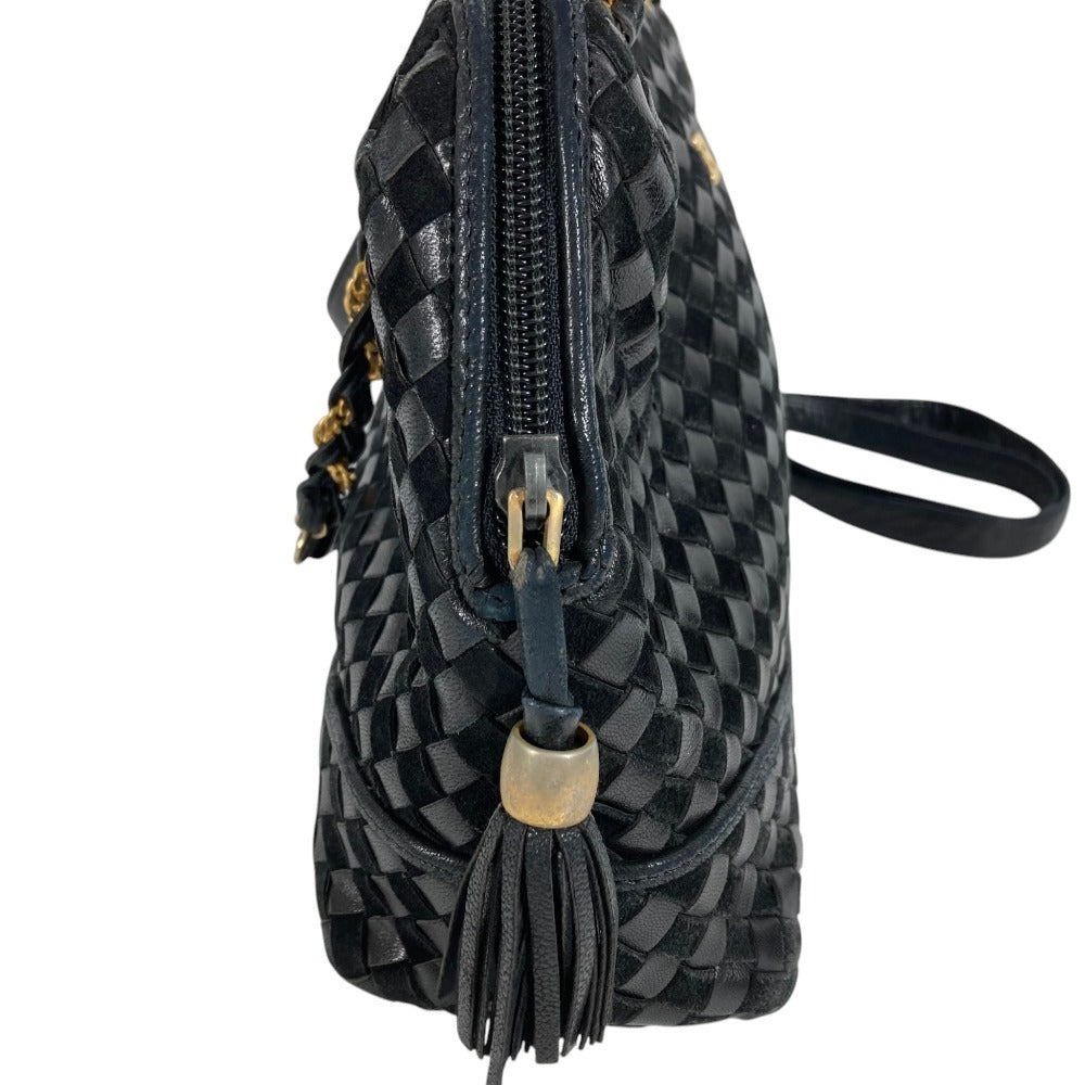 BALLY B Logo Quilted Tassel Fringe Crossbody Bag Pochette Shoulder Bag Leather Unisex Black