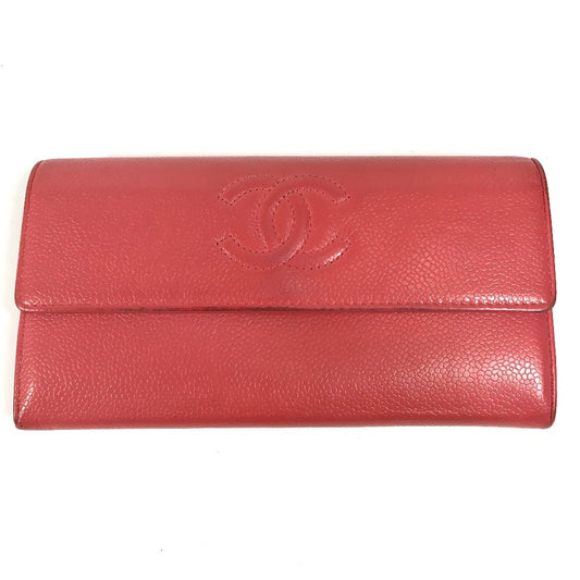 CHANEL CC Coco Mark Logo Long Wallet Flap Caviar Skin Unisex Red