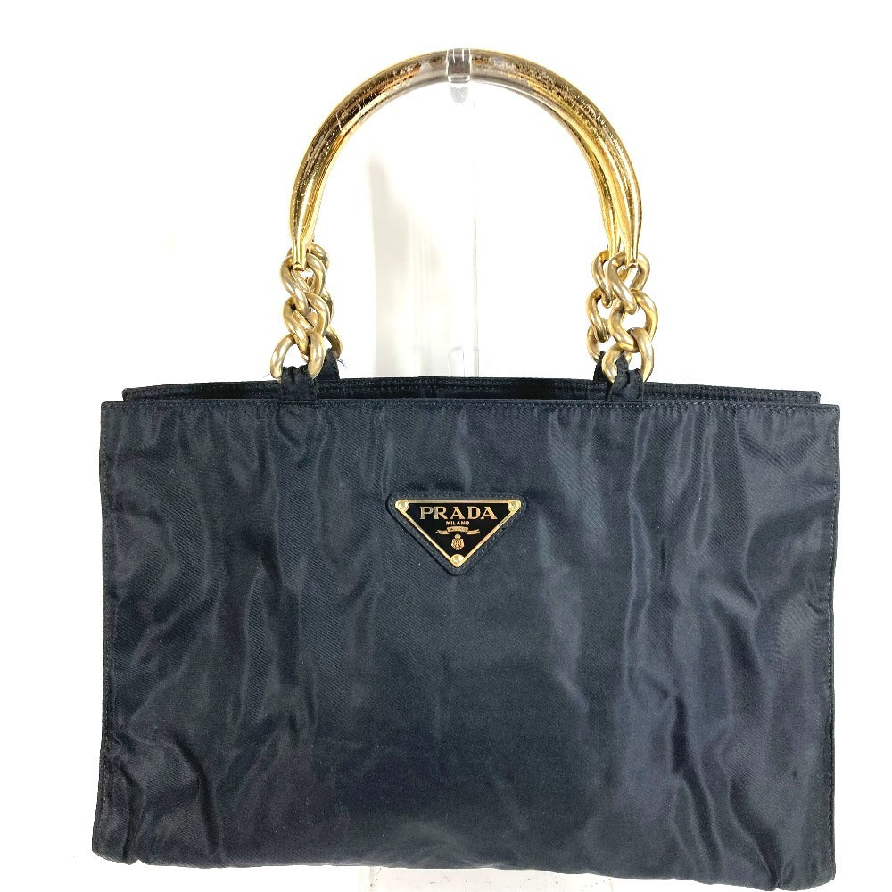 PRADA Triangle Logo Plate Metal Handle Bag Tote Bag Handbag Nylon Unisex Black