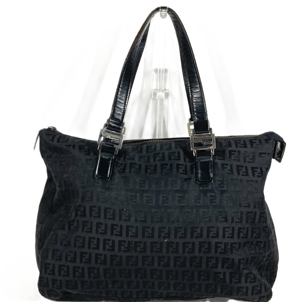 FENDI Zucchino Logo Handbag Shoulder Tote Bag Leather/Canvas Unisex Black