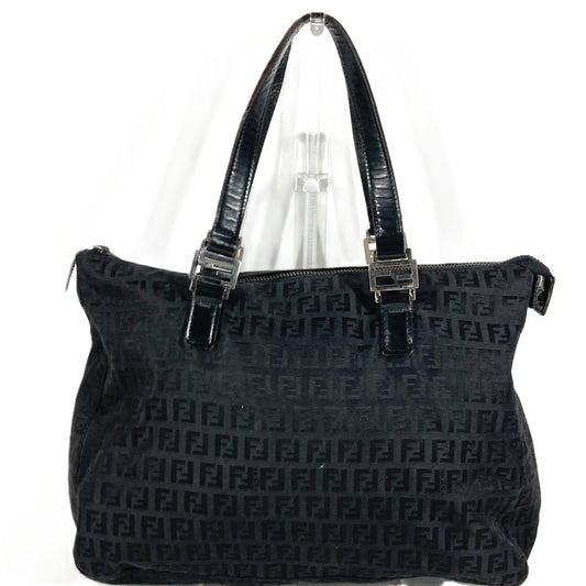 FENDI Zucchino Logo Handbag Shoulder Tote Bag Leather/Canvas Unisex Black