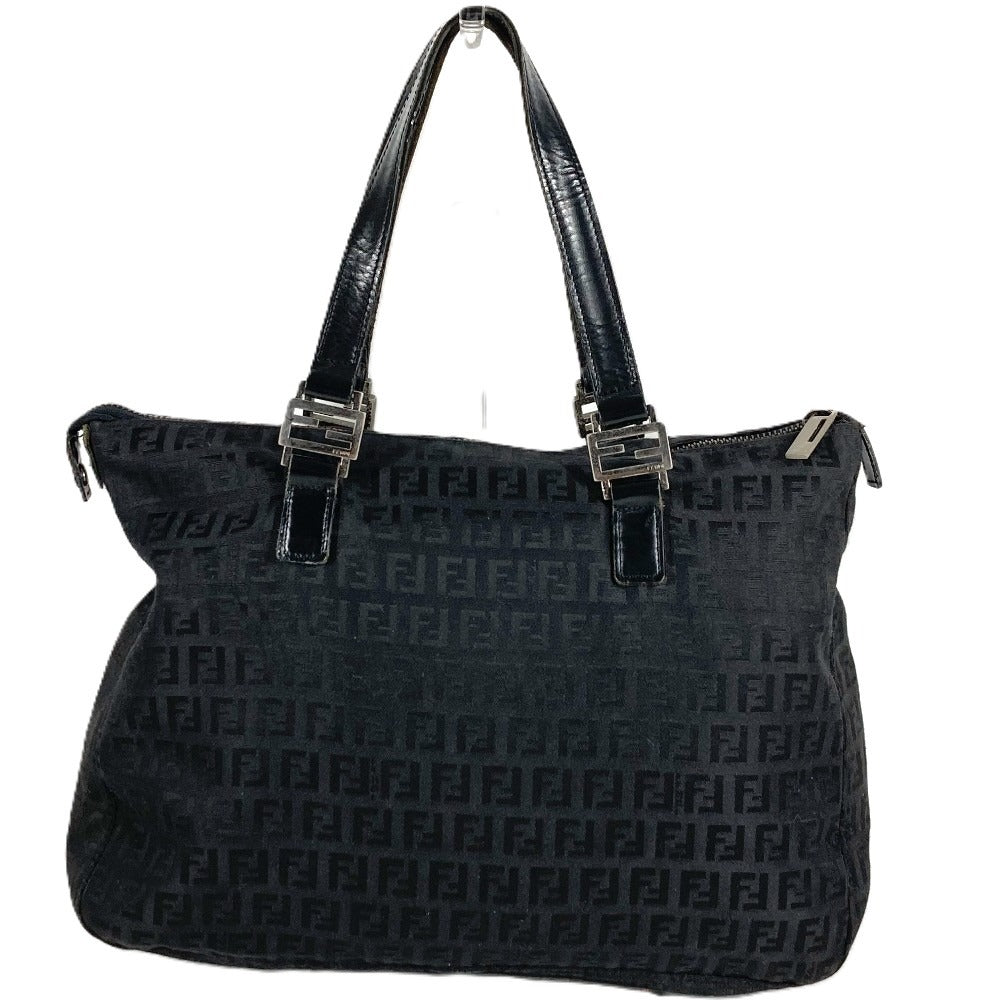 FENDI Zucchino Logo Handbag Shoulder Tote Bag Leather/Canvas Unisex Black
