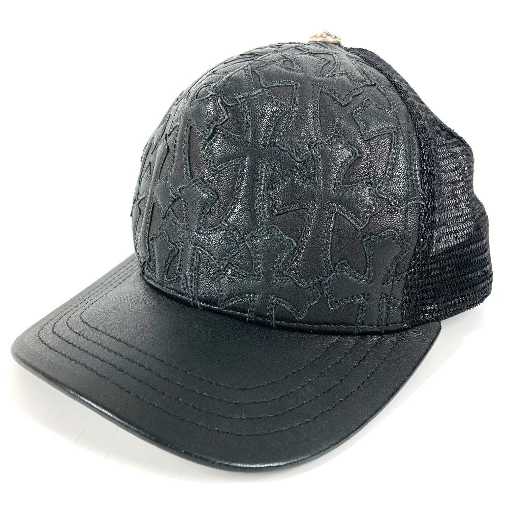 CHROME HEARTS Cemetary Cross Leather Patch Trucker Cap セメタリークロス レザーパッチ 革 帽子 キャップ帽 ベースボール メッシュ キャップ レザー ユニセックス ブラック