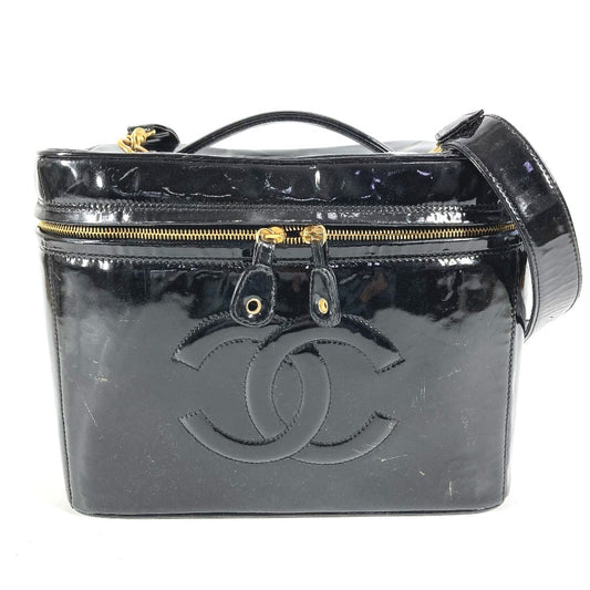 CHANEL ヴィンテージ CC ココマーク ロゴ バニティバッグ 肩掛け ショルダーバッグ 2WAYバッグ ハンドバッグ パテントレザー ユニセックス ブラック