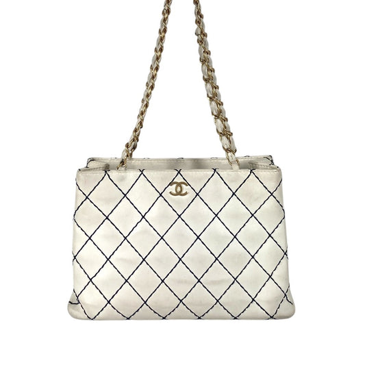 CHANEL Wild stitch CC CC Mark logo Bag Tote Bag Chain Bag Double Chain Shoulder Bag Leather White/Navy Used