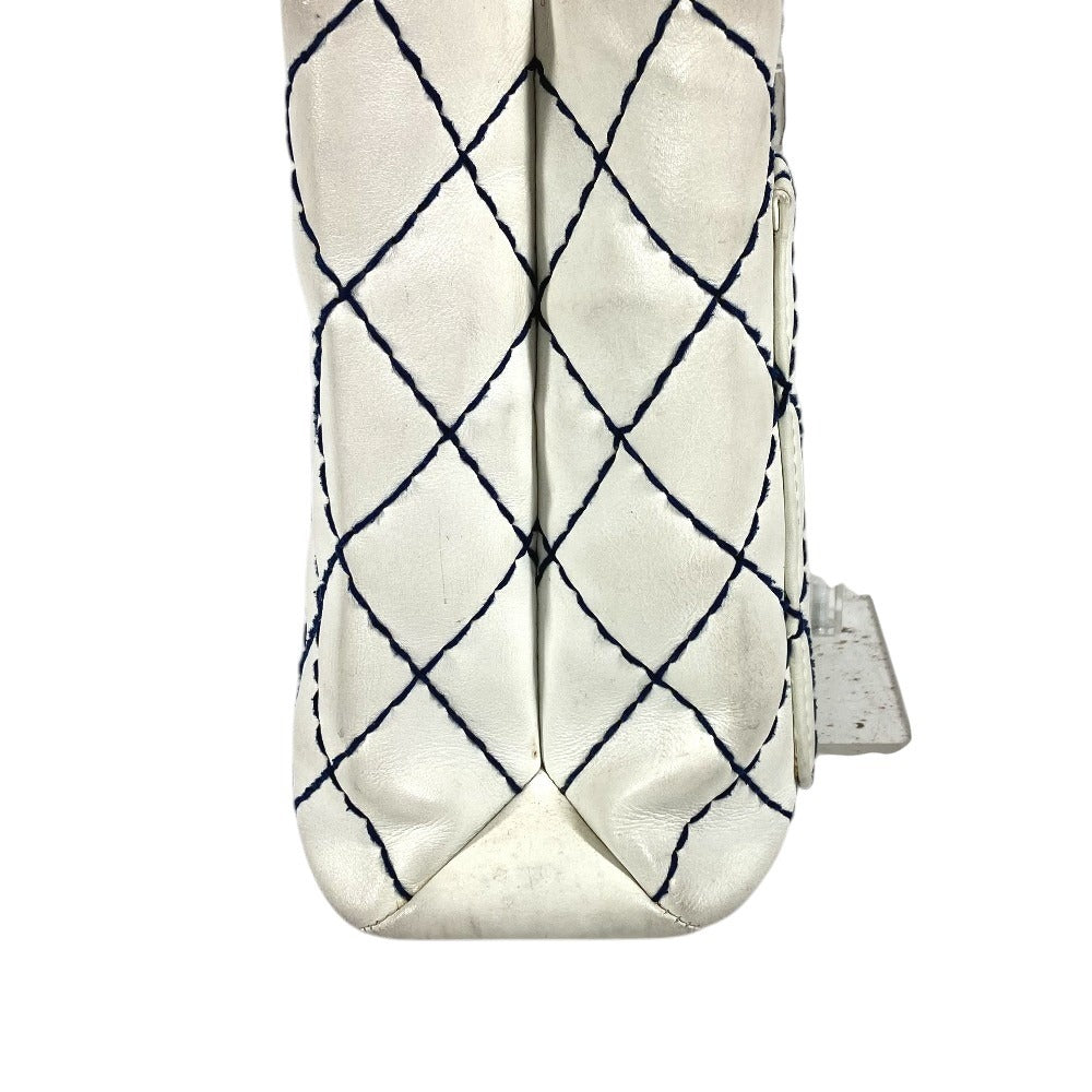 CHANEL Wild stitch CC CC Mark logo Bag Tote Bag Chain Bag Double Chain Shoulder Bag Leather White/Navy Used
