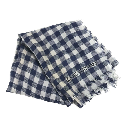 LOUIS VUITTON 不明 Damier check logo Shawl Fringe Scarf Stole/Shawl cotton blue Used