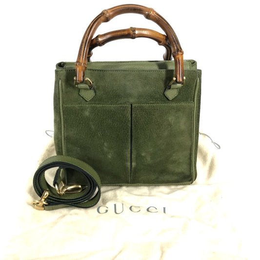 GUCCI 000 121 vintage Bamboo 2WAY bag Hand Bag Shoulder bag Tote Bag Shoulder Bag suede Green Used