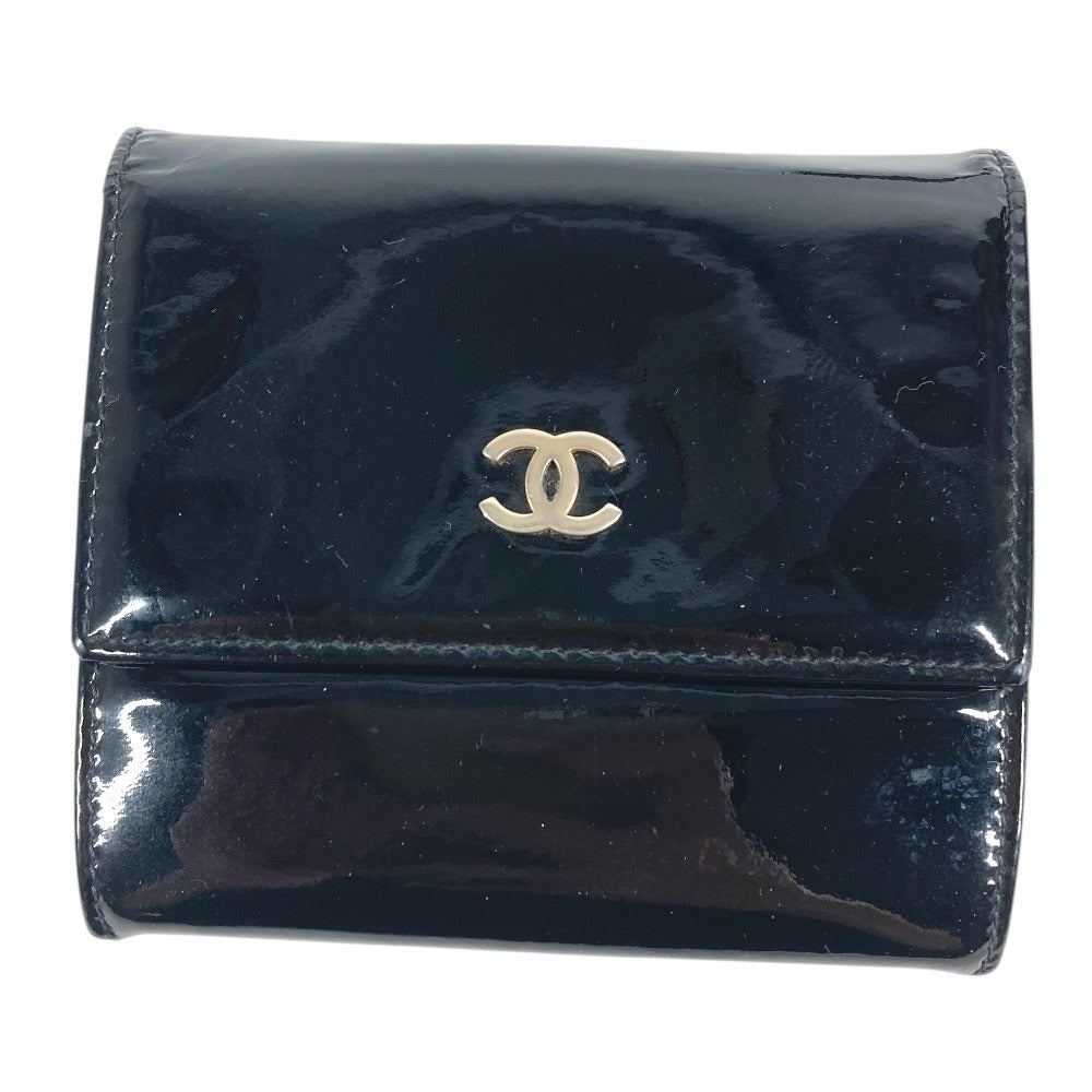 CHANEL CC CC Mark logo Compact wallet Trifold wallet enamel Black Used