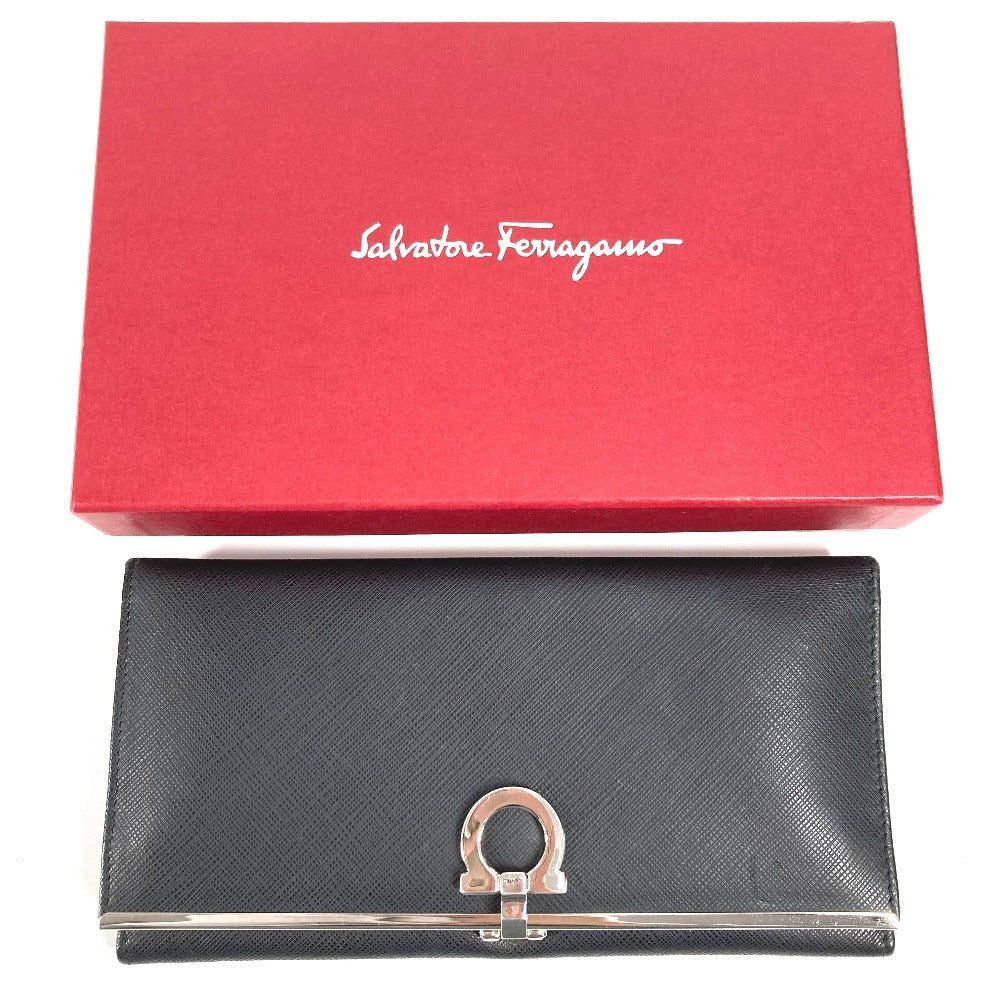 Salvatore Ferragamo ガンチーニ ロゴ ロングウォレット 長財布 レザー ユニセックス ブラック