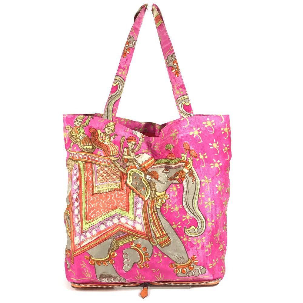 HERMES カバン エコバッグ 折り畳み シルキーポップ エレファント柄 トートバッグ ハンドバッグ ショルダーバッグ レザー ユニセックス オレンジ