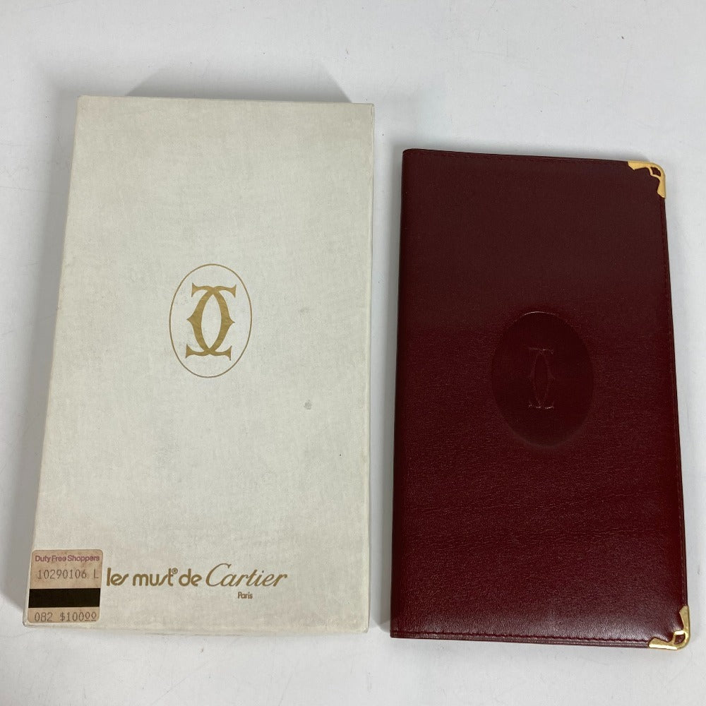 CARTIER Must Line Logo Billfold Long Wallet Long Bill Compartment Leather Unisex Wine Red