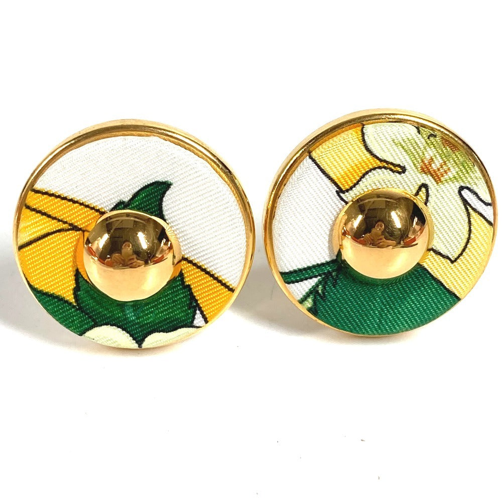 HERMES Vintage All-over Pattern Round Logo Accessory Jewelry Earrings Silk Unisex Green