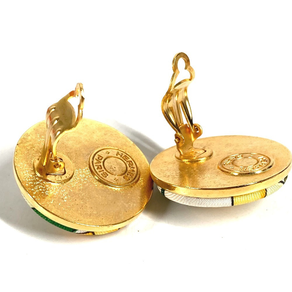 HERMES Vintage All-over Pattern Round Logo Accessory Jewelry Earrings Silk Unisex Green