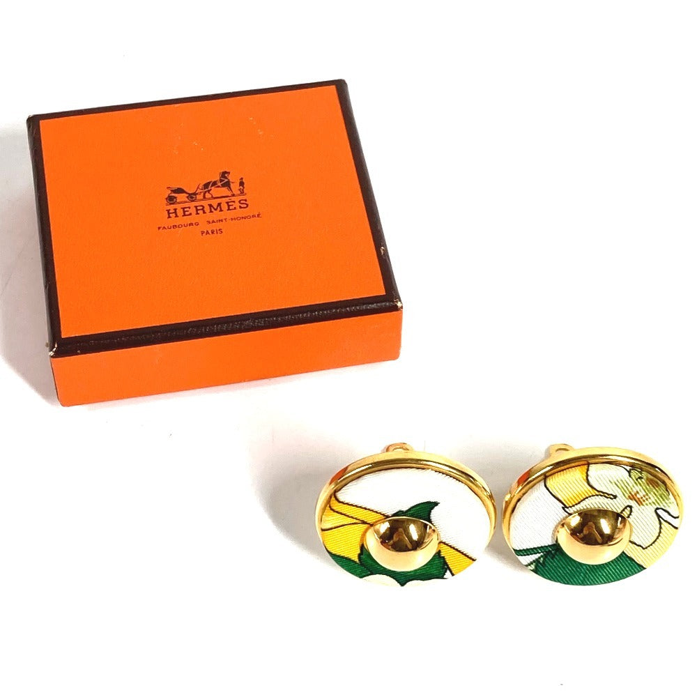 HERMES Vintage All-over Pattern Round Logo Accessory Jewelry Earrings Silk Unisex Green