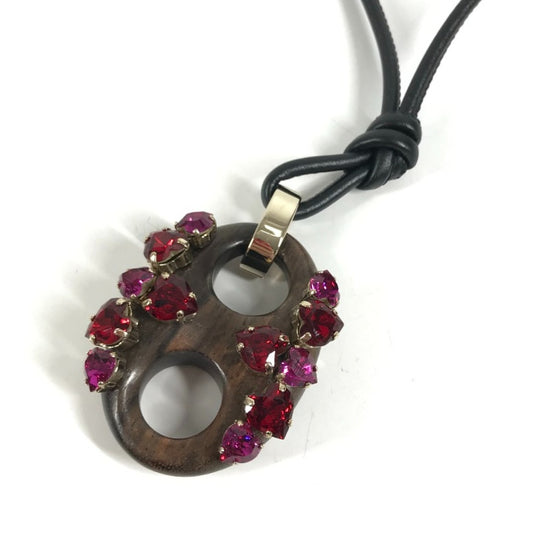 GUCCI 不明 Rhinestone Heart GG Logo Marina Long Necklace Accessory Necklace Leather / Wood Brown/Pink x Black Used