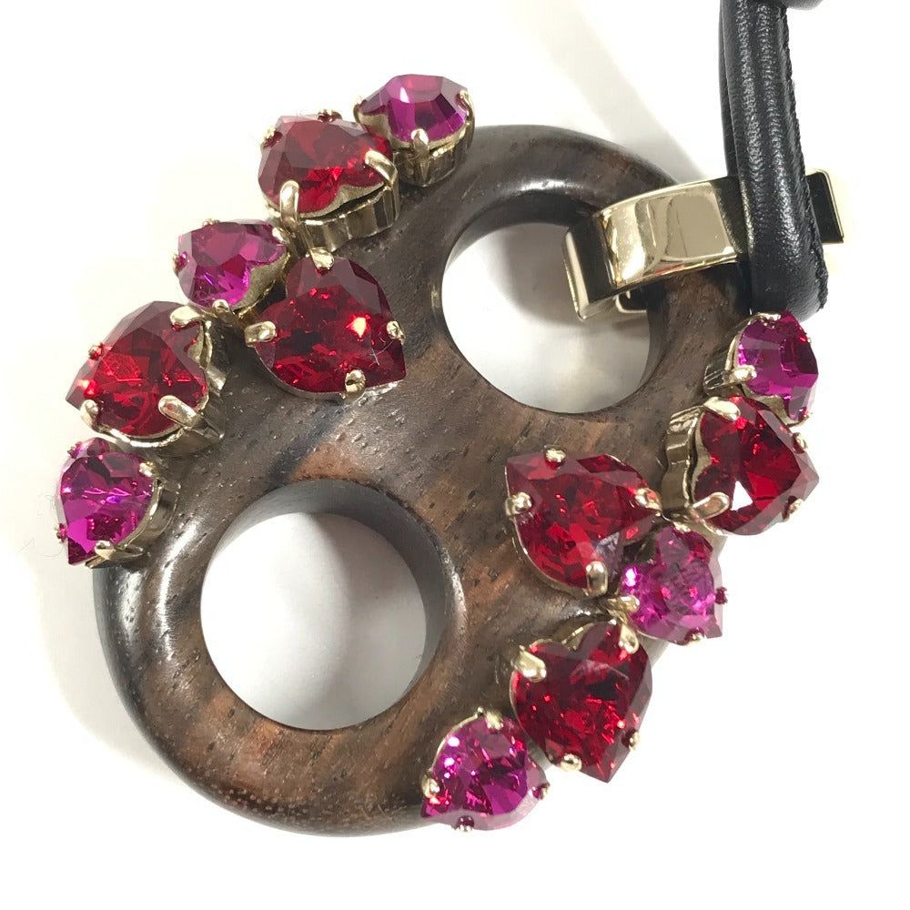 GUCCI 不明 Rhinestone Heart GG Logo Marina Long Necklace Accessory Necklace Leather / Wood Brown/Pink x Black Used