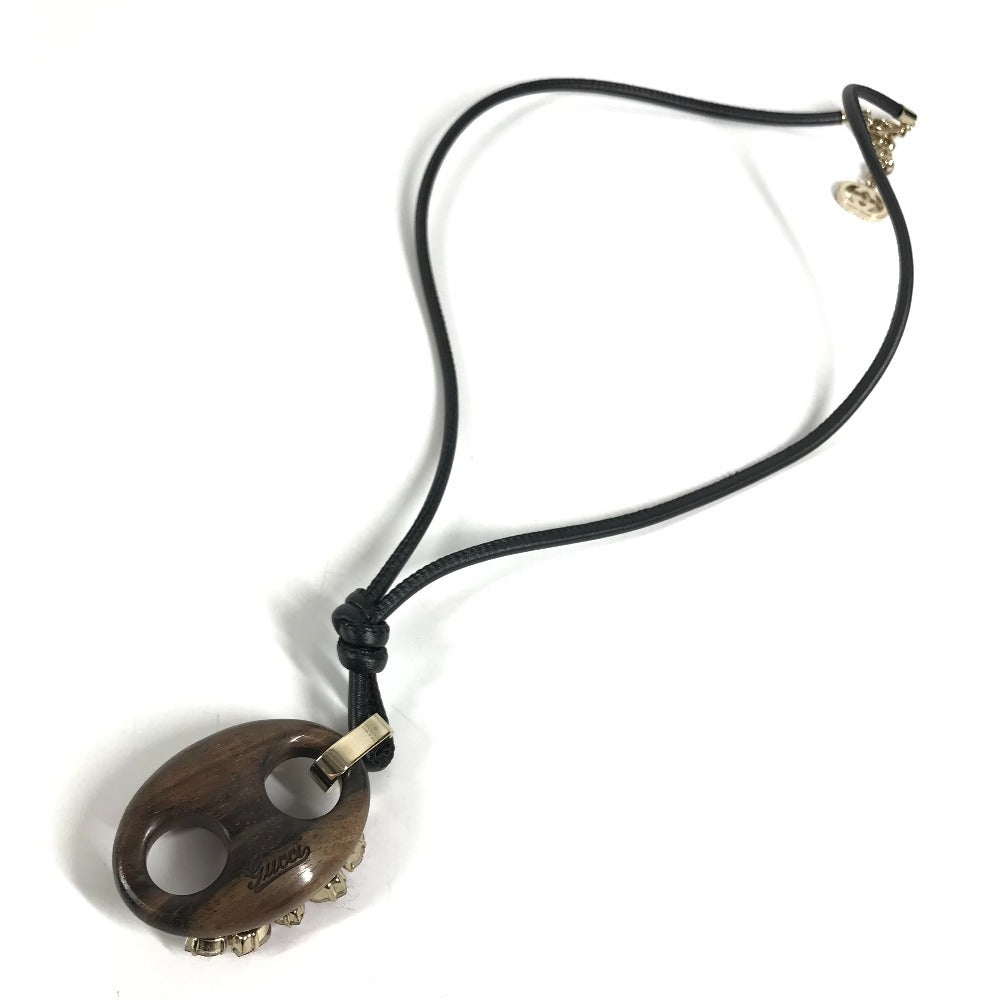 GUCCI 不明 Rhinestone Heart GG Logo Marina Long Necklace Accessory Necklace Leather / Wood Brown/Pink x Black Used