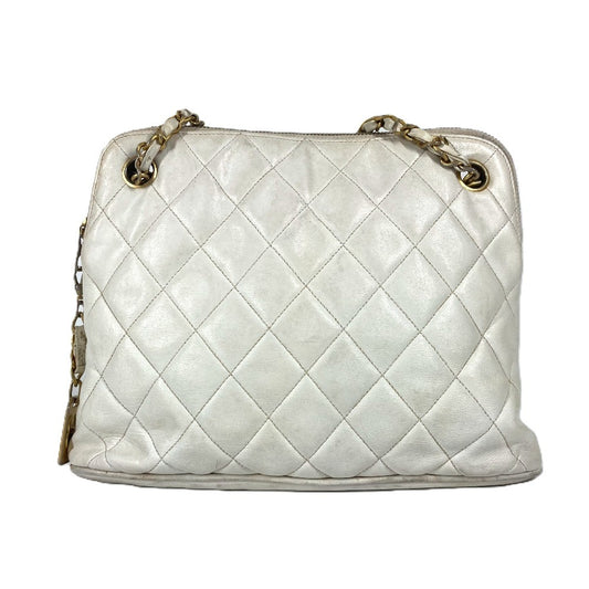 CHANEL Vintage Matelasse Quilted Logo Double Chain Bag, Shoulder Bag, Leather, Women's, White