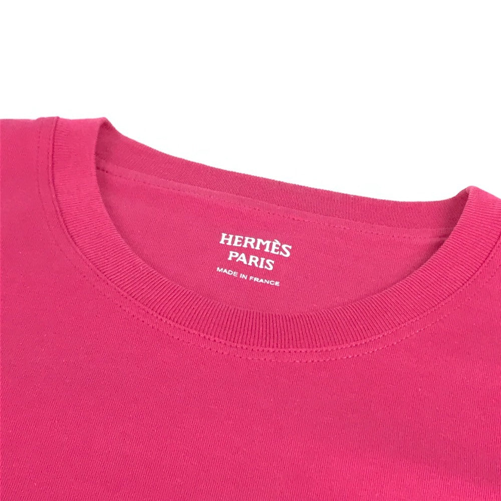 HERMES 刺繍入れ モザイク Hロゴ ポケット アパレル Tシャツワンピース ラウンドネック ワンピース コットン レディース ピンク