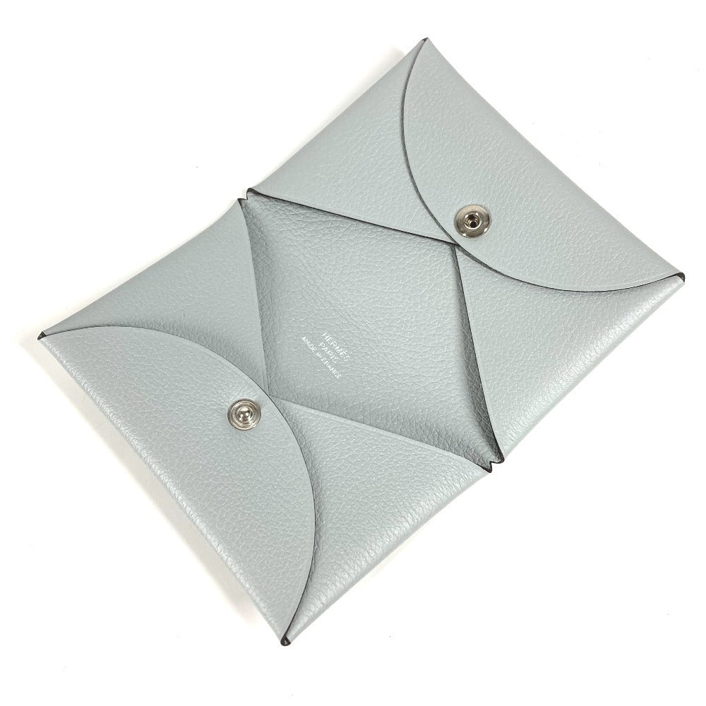 HERMES パスケース 小銭入れ 財布 カルヴィ シルバー金具 小物 二つ折り カードケース 名刺入れ コインケース レザー ユニセックス ライトグレー系