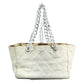 CHANEL Double Chain with Phone Pouch, Logo Matelasse Quilted Shoulder Tote Bag, Plastic Chain, Linen, Women's, White