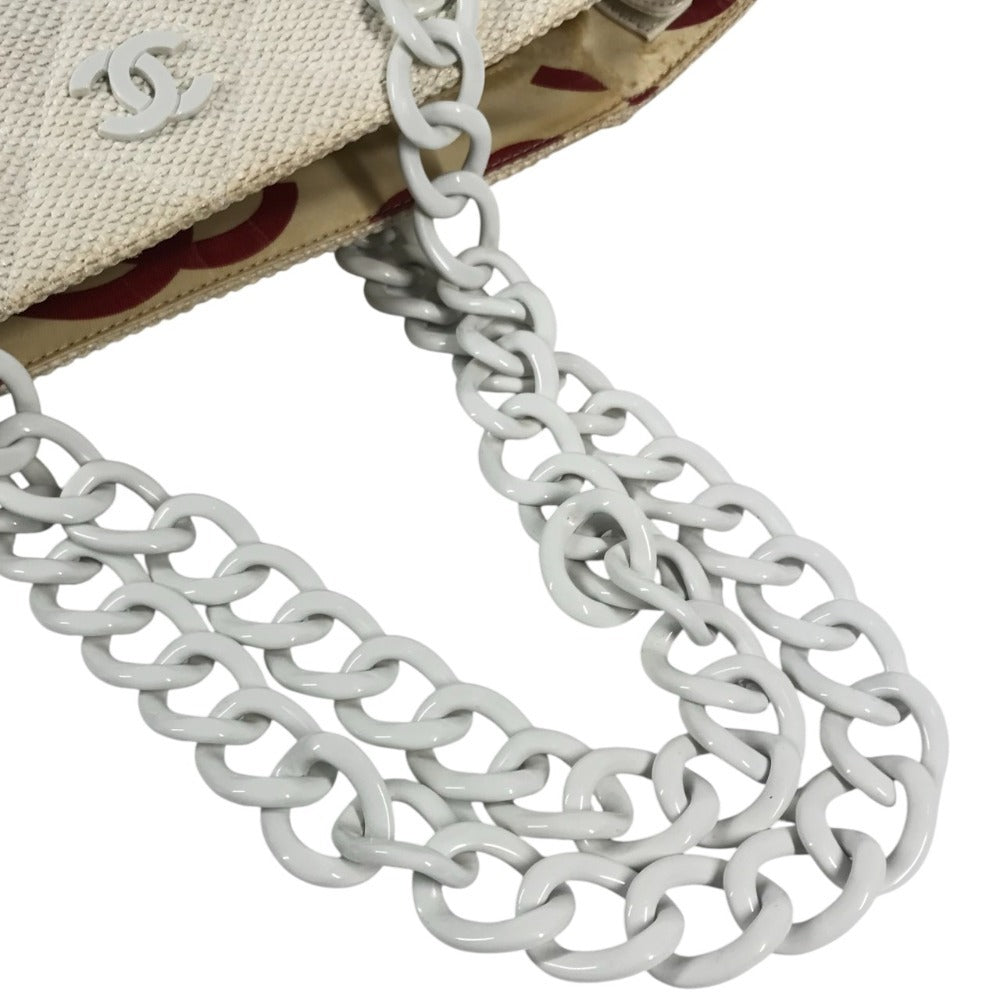 CHANEL Double Chain with Phone Pouch, Logo Matelasse Quilted Shoulder Tote Bag, Plastic Chain, Linen, Women's, White