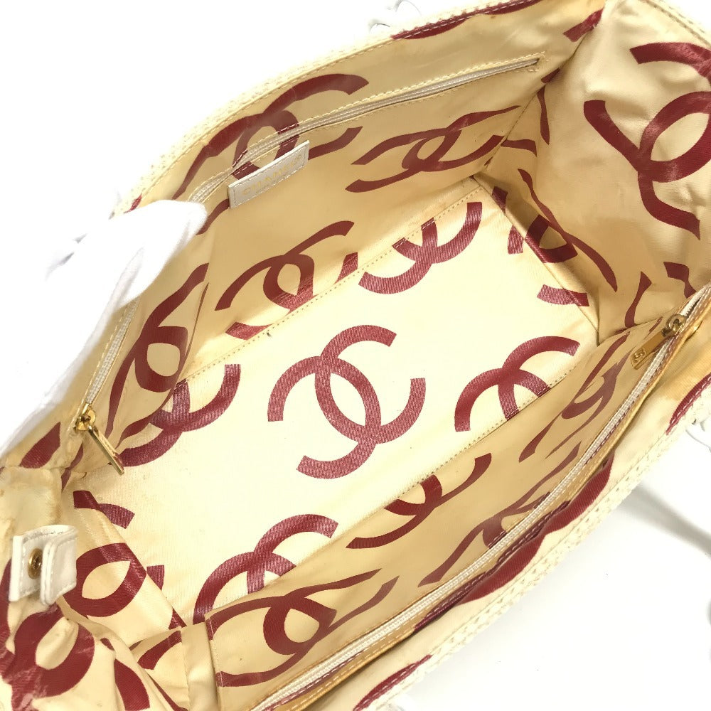 CHANEL Double Chain with Phone Pouch, Logo Matelasse Quilted Shoulder Tote Bag, Plastic Chain, Linen, Women's, White