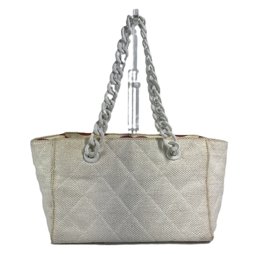 CHANEL Double Chain with Phone Pouch, Logo Matelasse Quilted Shoulder Tote Bag, Plastic Chain, Linen, Women's, White