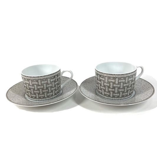 HERMES Tableware Set, Cups and Saucers, "Mosaique Au 24" 2 Pairs, Interior Decor, Gifts, Mugs, Porcelain, Unisex, Silver