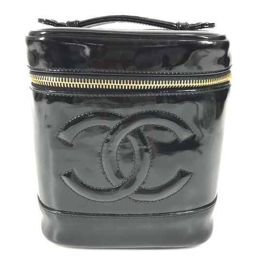 CHANEL A01998 CC CC Mark logo Bag Vanity Bag Vertical Hand Bag enamel Black Used