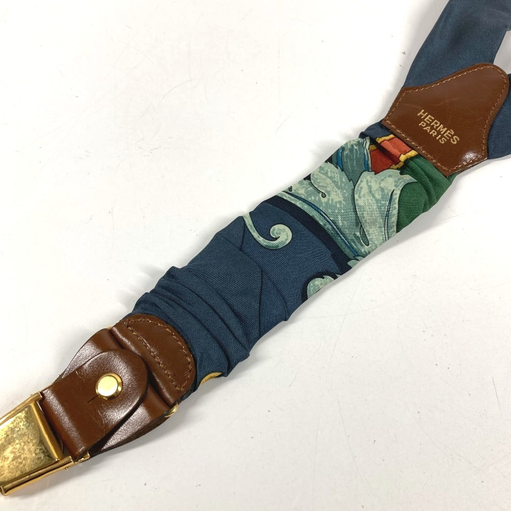HERMES vintage Logo Apparel, Fashion Accessories suspenders silk / Leather Navy/Green Used