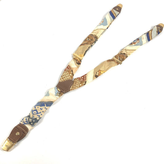 HERMES vintage Logo Apparel, Fashion Accessories suspenders silk / Leather Brown/WhiteBased Used