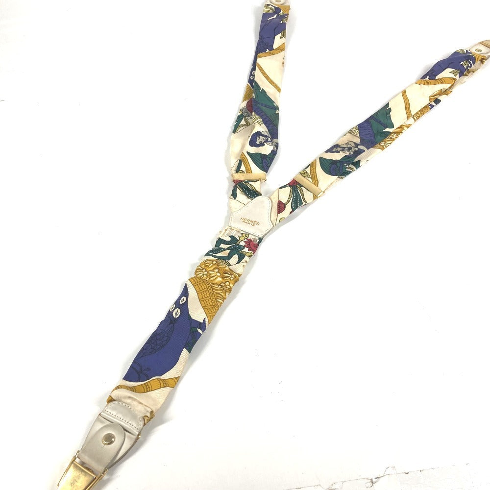 HERMES vintage Logo Apparel, Fashion Accessories suspenders silk / Leather White/Multicolore Used