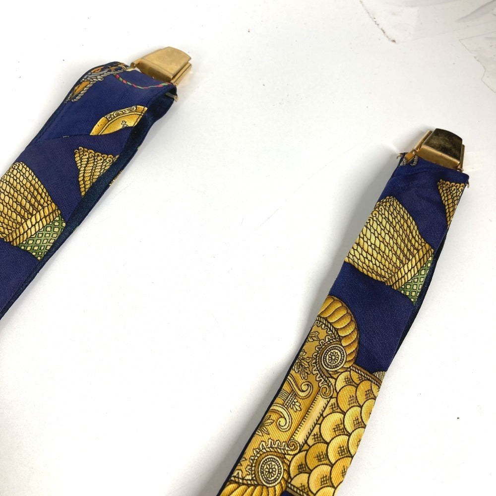 HERMES vintage Logo Apparel, Fashion Accessories suspenders silk / Leather Navy Used