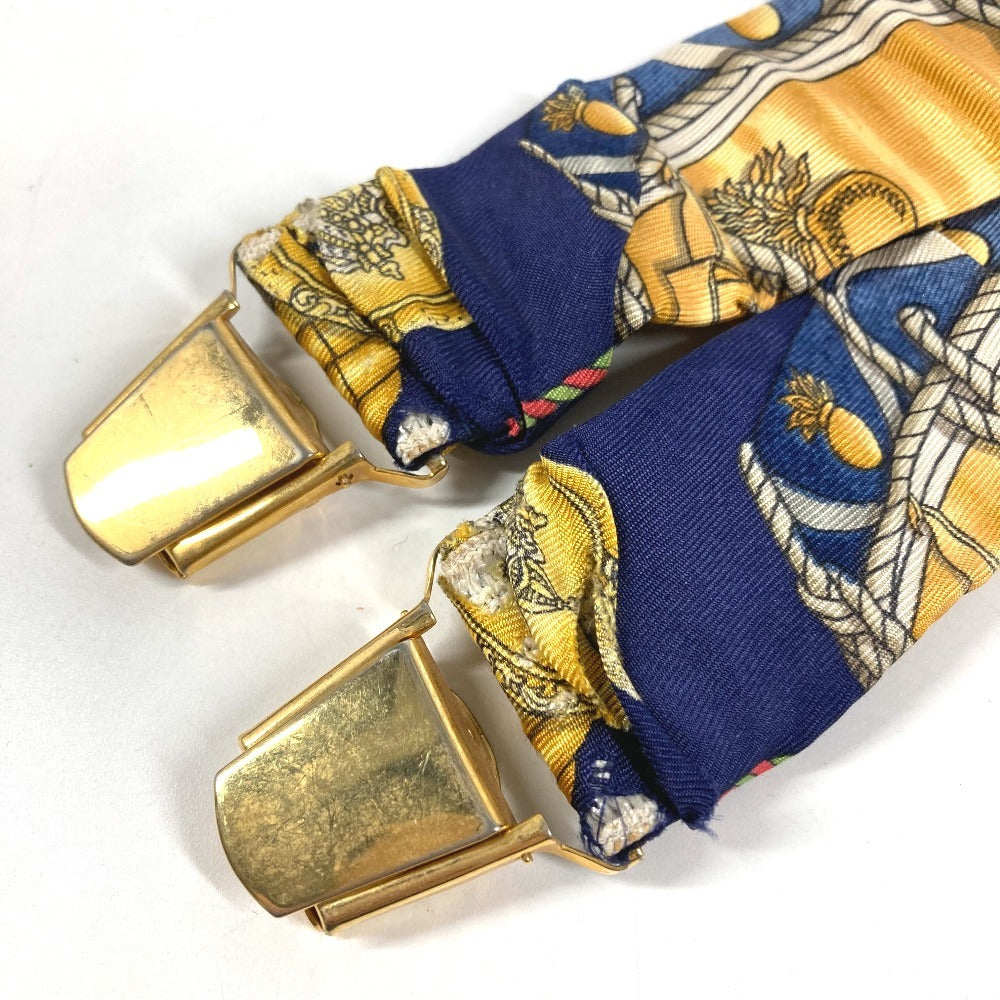 HERMES vintage Logo Apparel, Fashion Accessories suspenders silk / Leather Navy Used