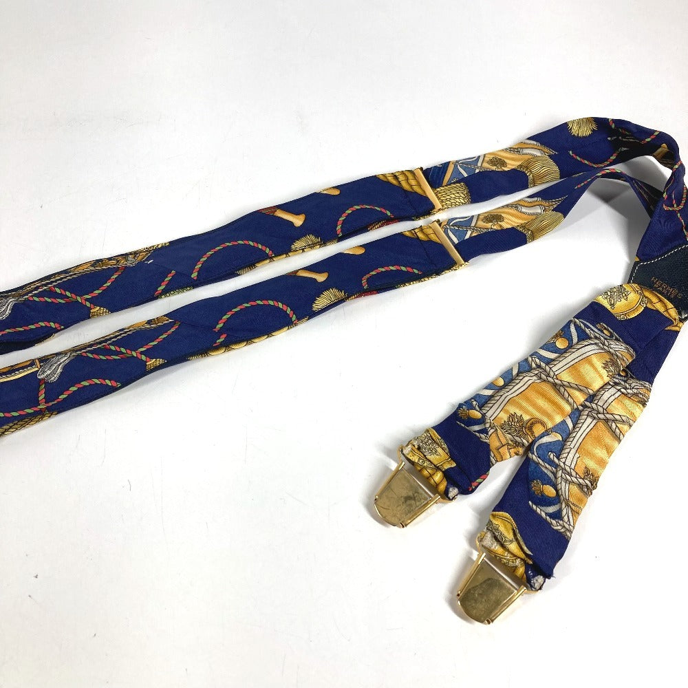 HERMES vintage Logo Apparel, Fashion Accessories suspenders silk / Leather Navy Used