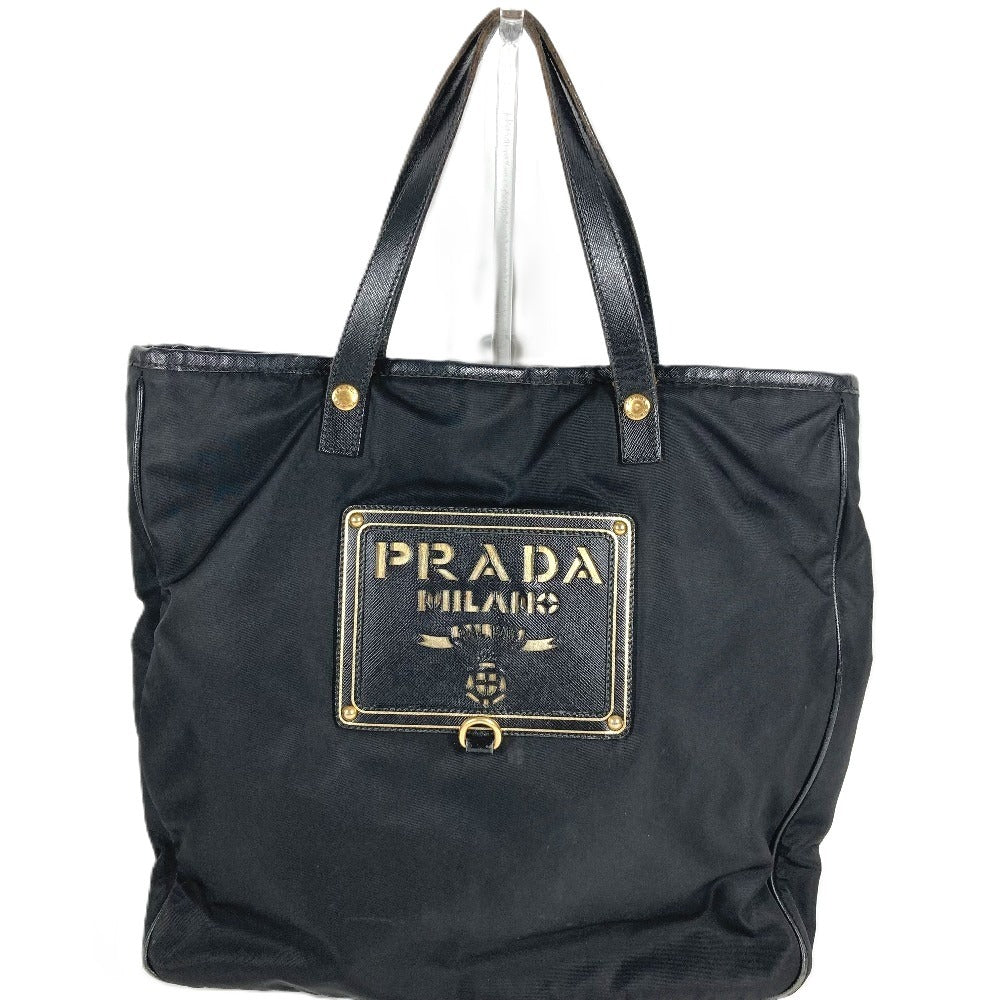 PRADA logo Hand Bag Tote Bag Leather / Nylon Black/Gold Used