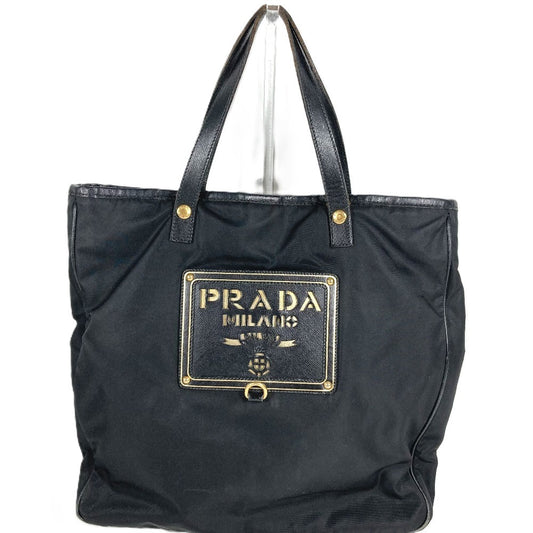 PRADA logo Hand Bag Tote Bag Leather / Nylon Black/Gold Used