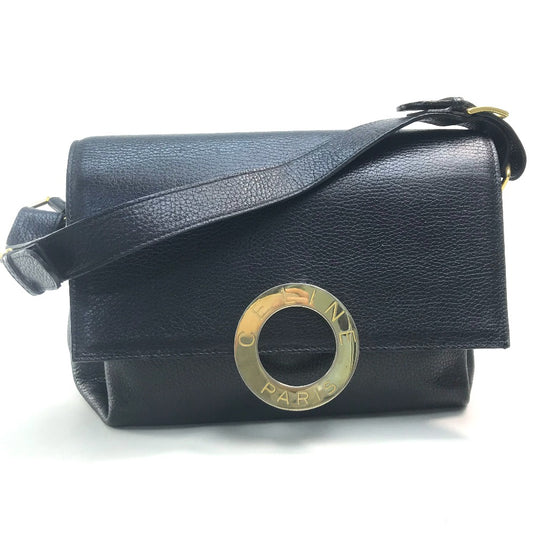 CELINE Vintage Circle Logo One-Shoulder Bag, Leather Handbag, Women's, Black, Black with Gold Hardware