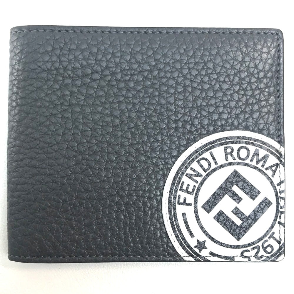 FENDI 7M0169 A4NR FF Logo Stamp Compact Wallet Calfskin Men's Gray Dark Gray/White