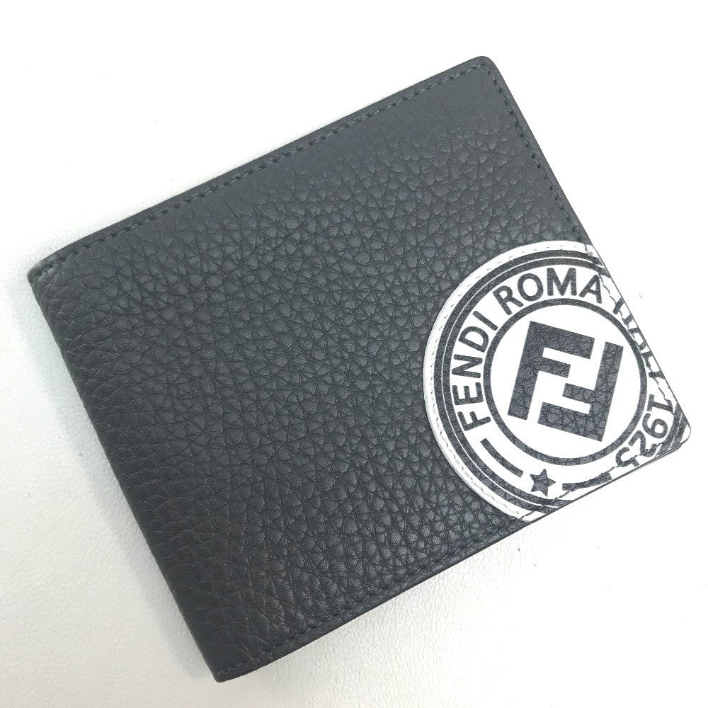 FENDI 7M0169 A4NR FF Logo Stamp Compact Wallet Calfskin Men's Gray Dark Gray/White