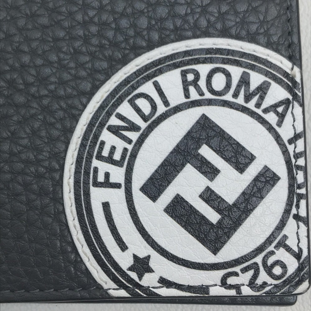 FENDI 7M0169 A4NR FF Logo Stamp Compact Wallet Calfskin Men's Gray Dark Gray/White