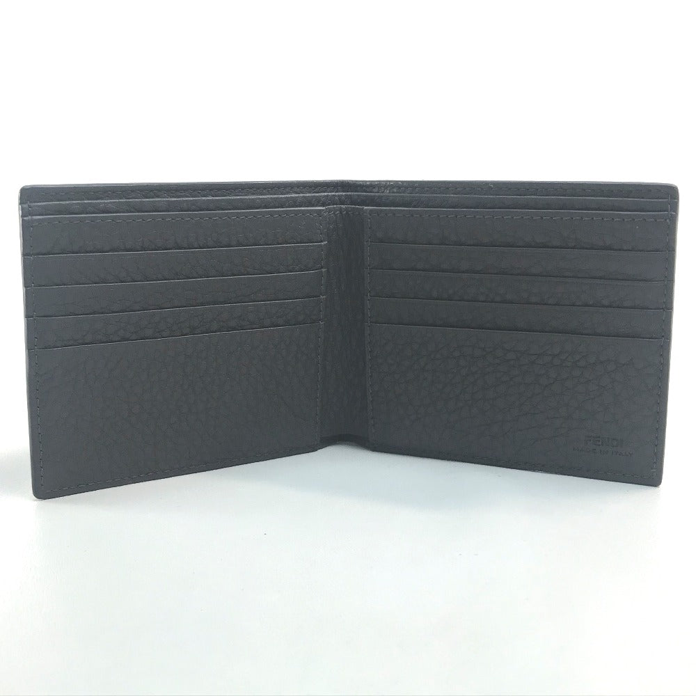 FENDI 7M0169 A4NR FF Logo Stamp Compact Wallet Calfskin Men's Gray Dark Gray/White