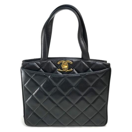 CHANEL CC Coco Mark Matelasse Quilted Handbag Tote Bag Lambskin Women's Black with Gold Hardware